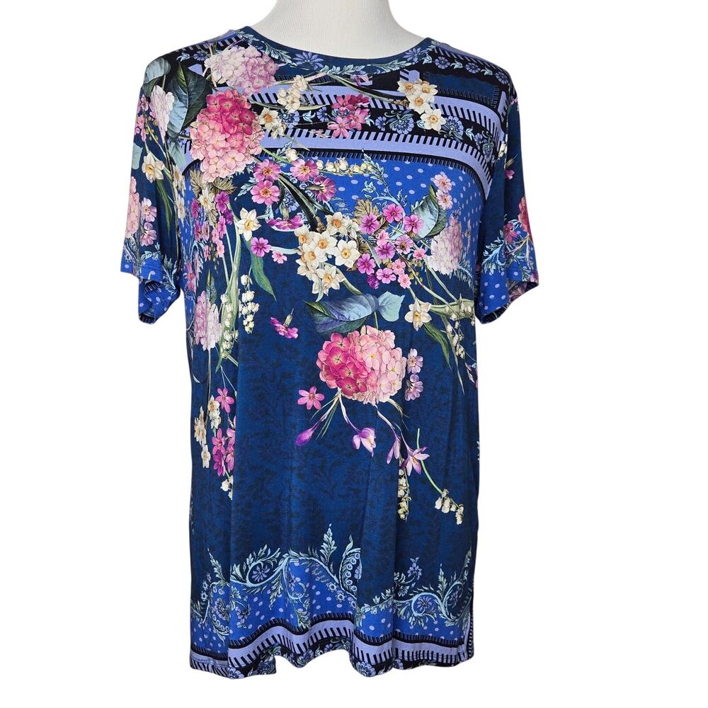 Johnny Was Revive Floral Top Purple Blue Bamboo Short Sleeve Special Tee Large
